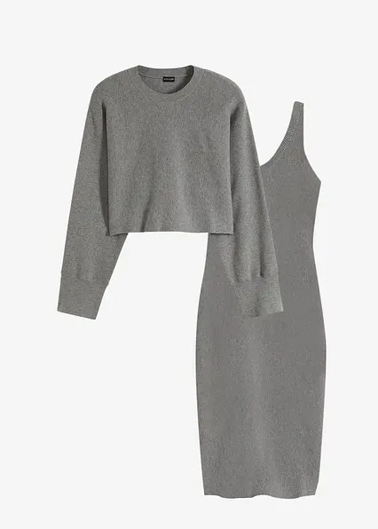 Gestricktes Kleiderset (2-tlg. Set) in grau von vorne - bonprix