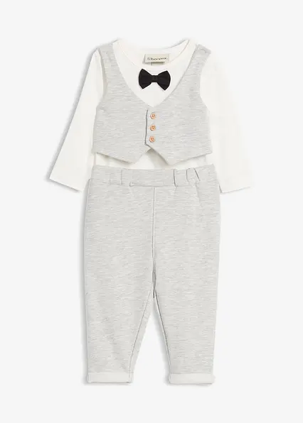 Fest-Set mit Body-Weste, Fliege und Hose aus reiner Bio-Baumwolle (3-tlg.Set) in grau von vorne - bonprix