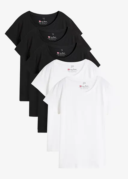 Rundhals-Shirt, Kurzarm (5er Pack) in schwarz von vorne - bonprix