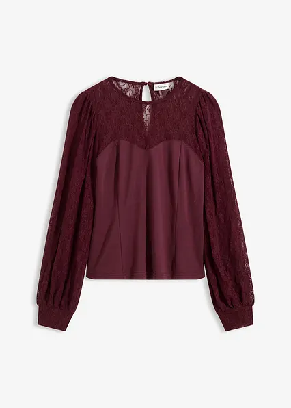 Langarmshirt mit Spitze in braun von vorne - bonprix
