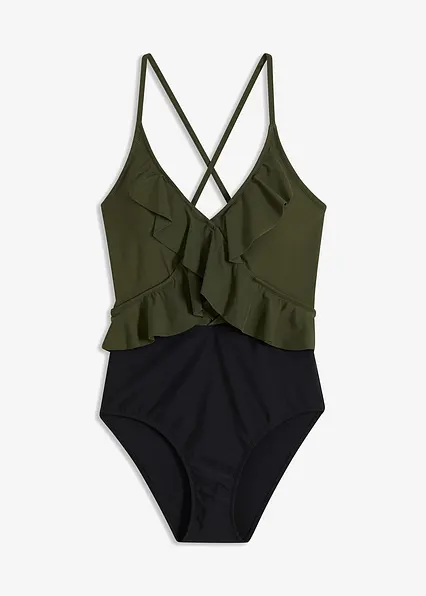 Badeanzug mit Cut-Out und Volants in grün von vorne - bonprix