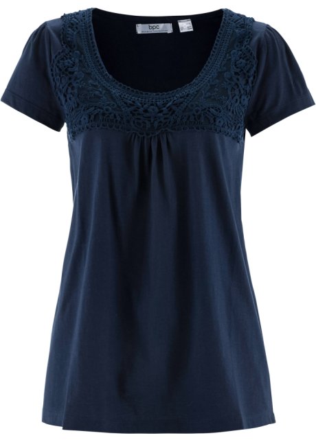 Baumwoll Shirt mit Spitze, Kurzarm in blau von vorne - bpc bonprix collection