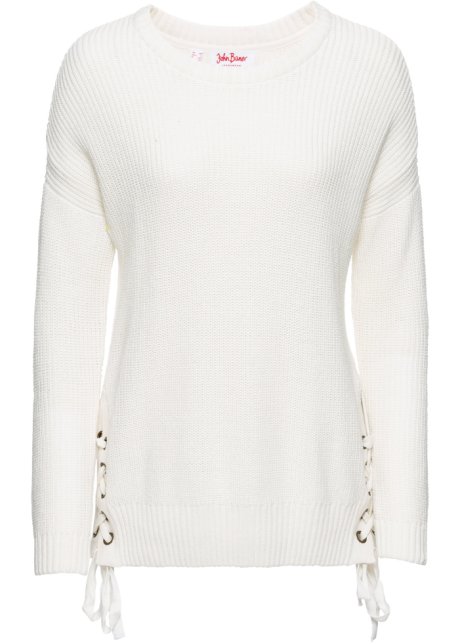 Baumwoll Pullover mit Schnürung, Oversized in weiß von vorne - John Baner JEANSWEAR