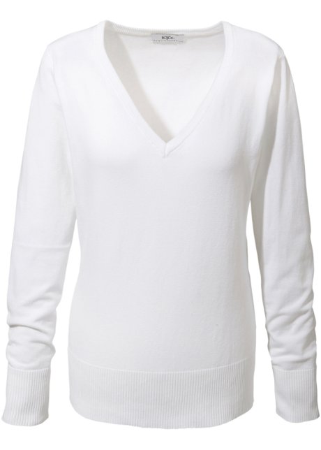 Feinstrick-Pullover mit V-Ausschnitt in weiß - bpc bonprix collection