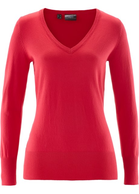 Feinstrick-Pullover mit V-Ausschnitt in rot von vorne - bpc bonprix collection