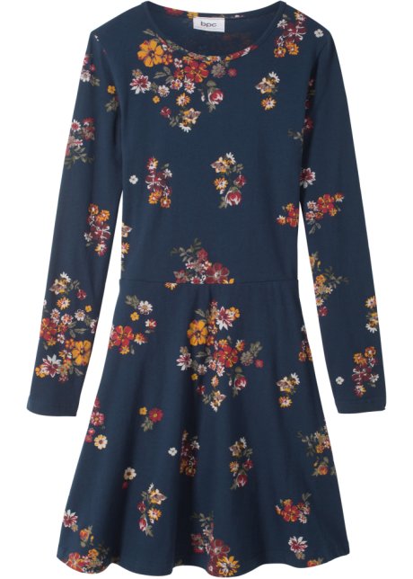 Mädchen Langarm-Jerseykleid mit Blumenmuster aus Bio-Baumwolle in blau von vorne - bpc bonprix collection