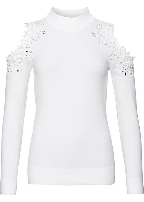 Raffinierter Pullover Mit Schulter Cut Outs Und Opulenter Verzierung Weiss