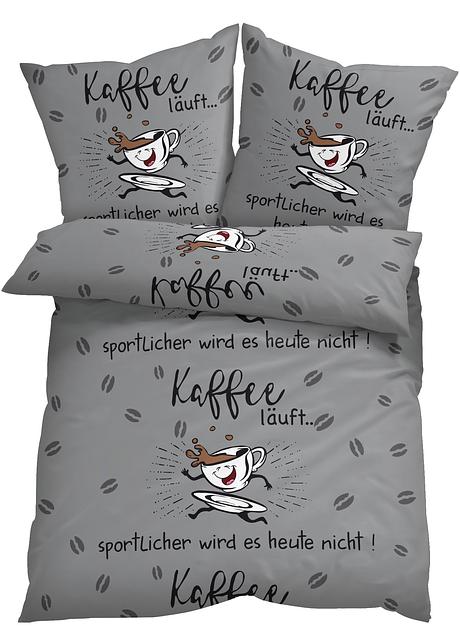 Niedlicher Motivdruck mit lustigem Spruch Bettwäsche "Coffee" grau