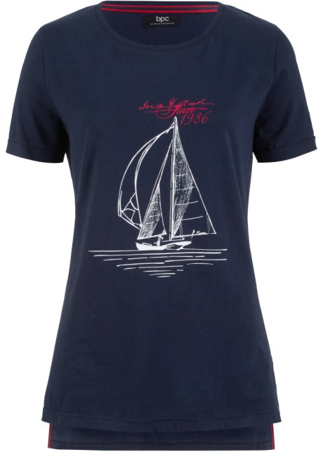 Baumwoll T-Shirt mit Seitenschlitz und Druck in blau von vorne - bpc bonprix collection