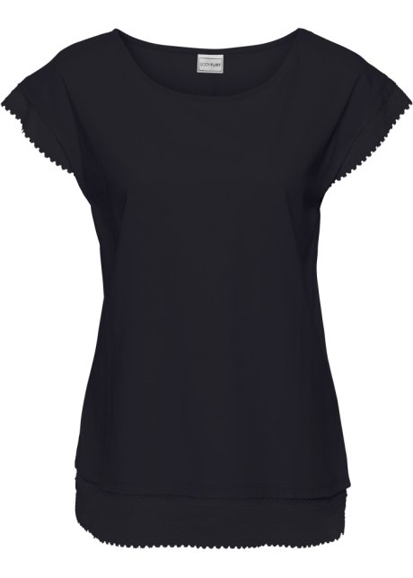 Boxy-Shirt mit Spitze in schwarz von vorne - BODYFLIRT