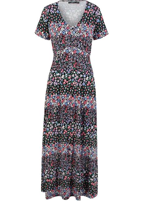 Florales Maxi Kleid In Komfortabler Shirt Qualitat Schwarz Lila Geblumt 