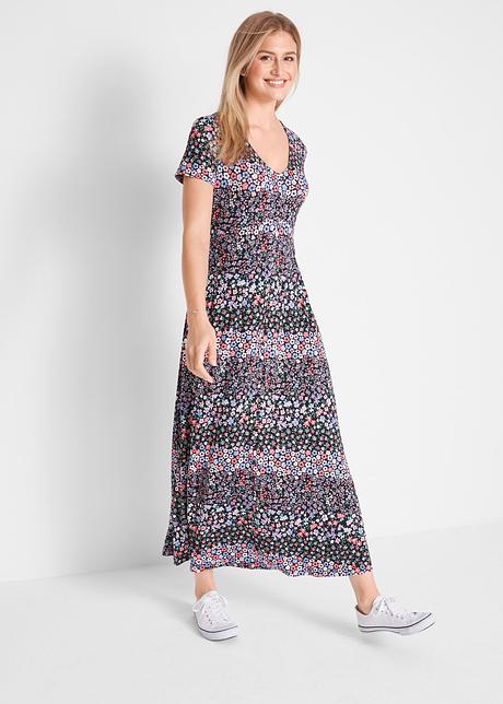 Florales Maxi Kleid In Komfortabler Shirt Qualitat Schwarz Lila Geblumt 