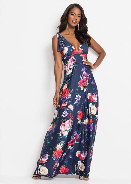 Armelloses Maxikleid Mit Blumen Und Bindetragern Dunkelblau Geblumt 