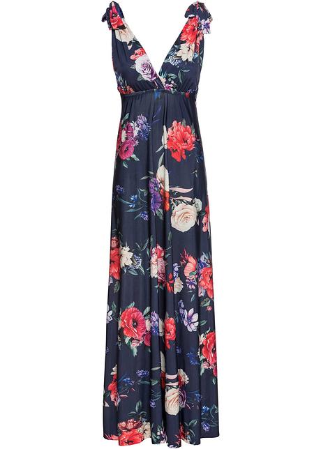 Armelloses Maxikleid Mit Blumen Und Bindetragern Dunkelblau Geblumt