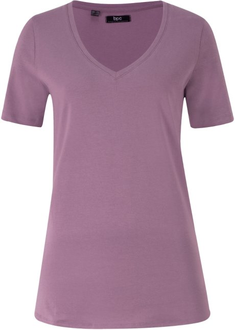 T-Shirt mit tiefem V-Ausschnitt in lila von vorne - bpc bonprix collection