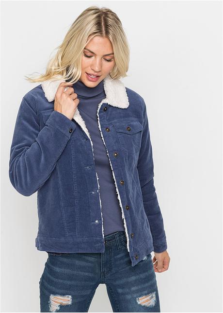 Coole Feincord Jacke mit Teddyfell Kragen indigoweiß Coole Feincord Jacke mit Teddyfell Kragen indigoweiß