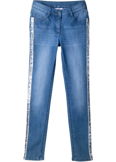 Mädchen Skinny-Jeans mit Paillettenseitenstreifen in blau von vorne - John Baner JEANSWEAR