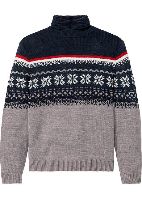 Modischer Herren Rollkragenpullover Mit Norwegermuster Grau Meliert