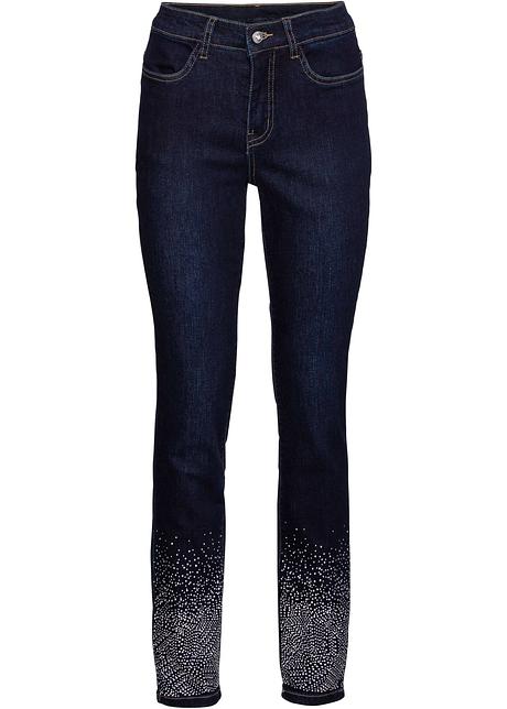 Enge Stretch Jeans Mit Schmucksteinen Vorne Und Taschen Dark Blue Stone Used