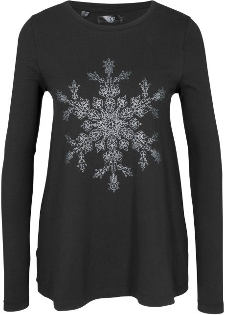Baumwoll Langarmshirt mit metallischem Schneeflocken Druck in schwarz von vorne - bpc bonprix collection