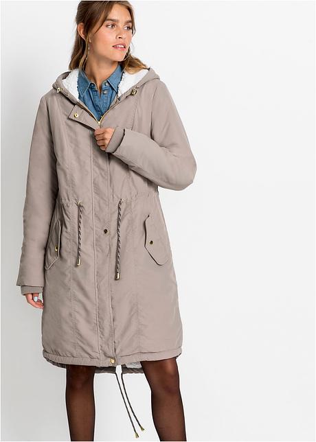 Langer Parka Mit Taschen Und Kordeln Beige Weiss