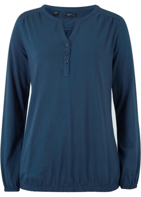 Langarmshirt mit Henleykragen aus Baumwolle in blau von vorne - bpc bonprix collection