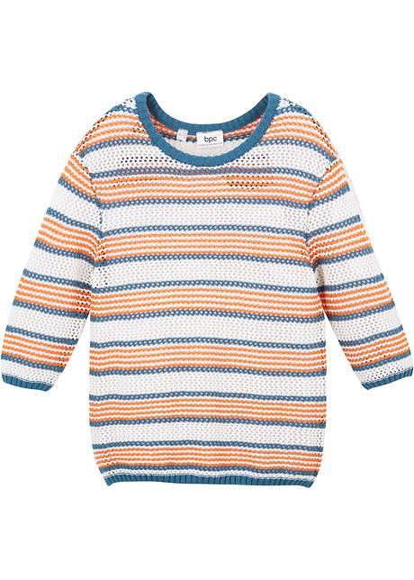 Gestreifter Ajour Pullover Mit Armeln Nektarine Blau Wollweiss Gestreift