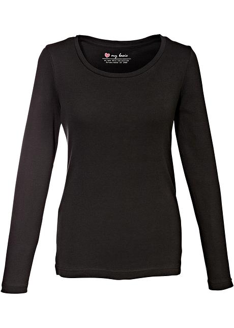 Baumwoll-Langarmshirt mit Rundhalsausschnitt in schwarz - bpc bonprix collection