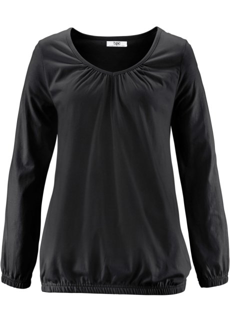 Baumwoll Langarmshirt mit Gummizug in schwarz von vorne - bpc bonprix collection