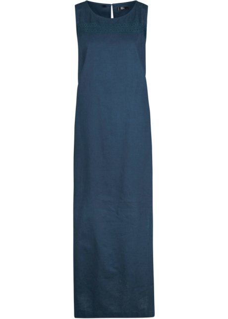 Maxi-Kleid mit Leinen, Lochmuster am Ausschnitt und Seitenschlitz in blau von vorne - bpc bonprix collection