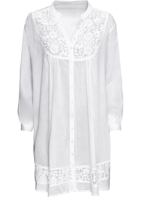 Feminine Longbluse Mit Spitze Und Langen Armeln Weiss