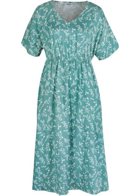 Schones Viskose Kleid Mit Elastischem Bund In Der Taille Und Flugelarmeln Mineralblau Weiss Bedruckt