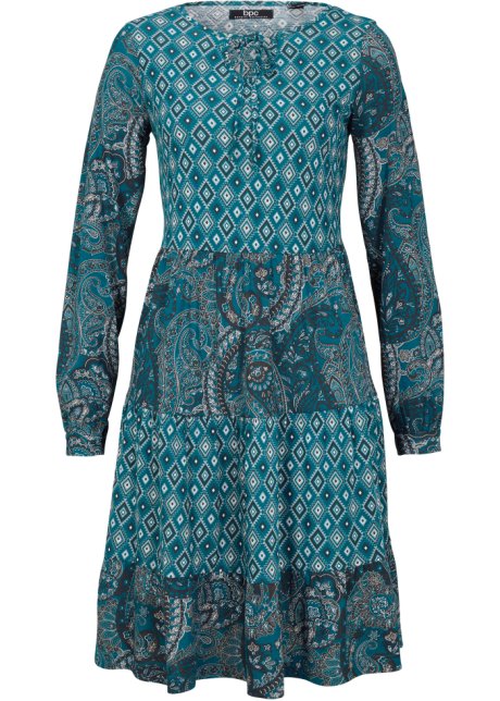 Kurzes Jerseykleid aus Baumwoll- Viskose Mischung, A-Linie in petrol von vorne - bpc bonprix collection