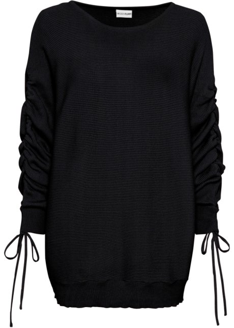 Pullover mit gerafften Ärmeln in schwarz von vorne - BODYFLIRT
