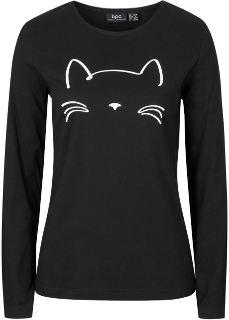 Langarmshirt mit Katzendruck in schwarz von vorne - bpc bonprix collection