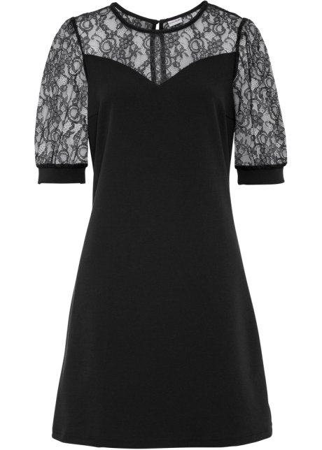 Kleid mit Spitzeneinsatz in schwarz von vorne - BODYFLIRT