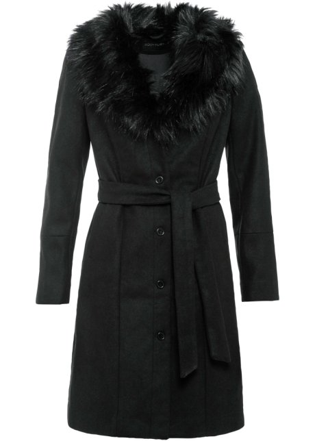 Mantel mit Fellimitatkragen in schwarz von vorne - BODYFLIRT