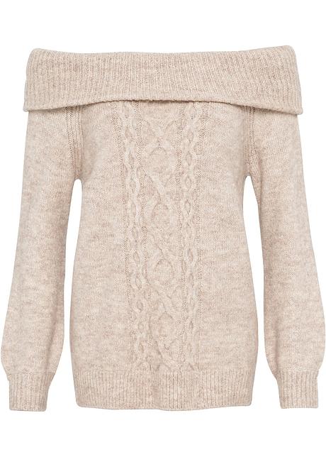 Carmen Pullover Mit Zopfmuster Beige Meliert Damen Bonprix De