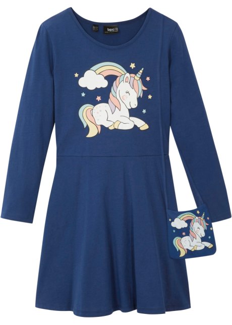 Mädchen Jerseykleid mit Tasche (2-tlg.Set) aus Bio-Baumwolle in blau von vorne - bpc bonprix collection