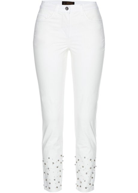 Super-Stretch-Jeans mit Strasssteinen in weiß von vorne - bpc selection premium