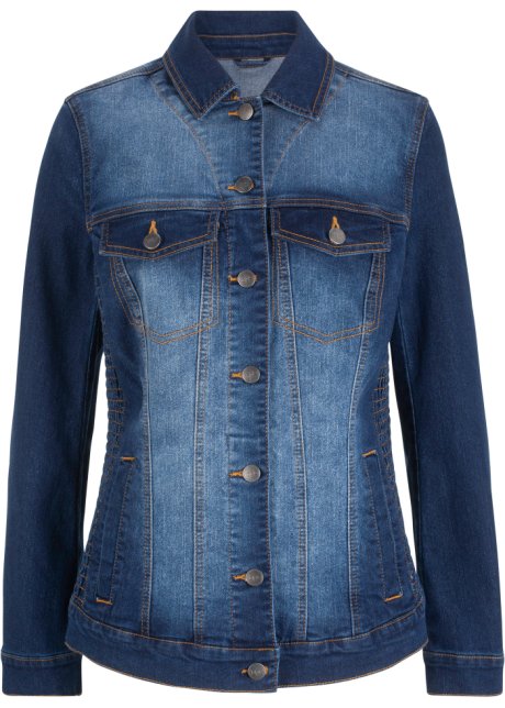 Jeansjacke mit seitlichem Smokeinsatz in blau von vorne - bpc bonprix collection