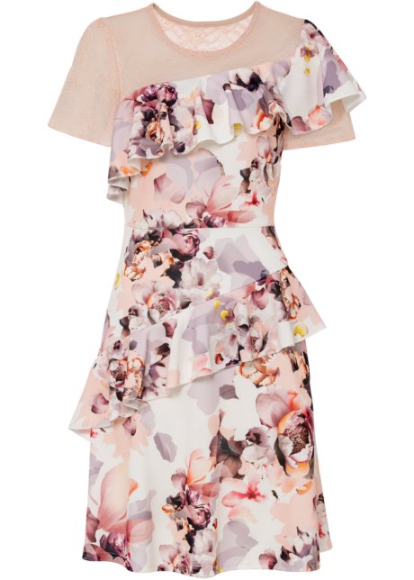 Kleid mit Spitze und Volant in rosa von vorne - BODYFLIRT boutique