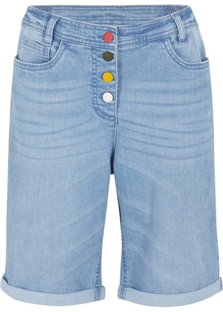 Komfort-Stretch-Jeans-Bermuda mit Stickerei und Bequembund in blau von vorne - bpc bonprix collection