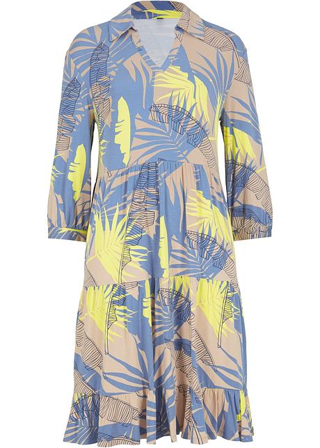 Modisches Tunika Kleid Mit Weiten Armeln Und V Ausschnitt Mandelbeige Jeansblau