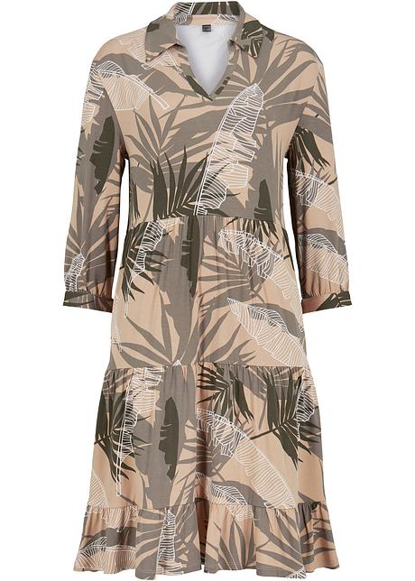 Modisches Tunika Kleid Mit Weiten Armeln Und V Ausschnitt Mandelbeige Dunkeloliv 