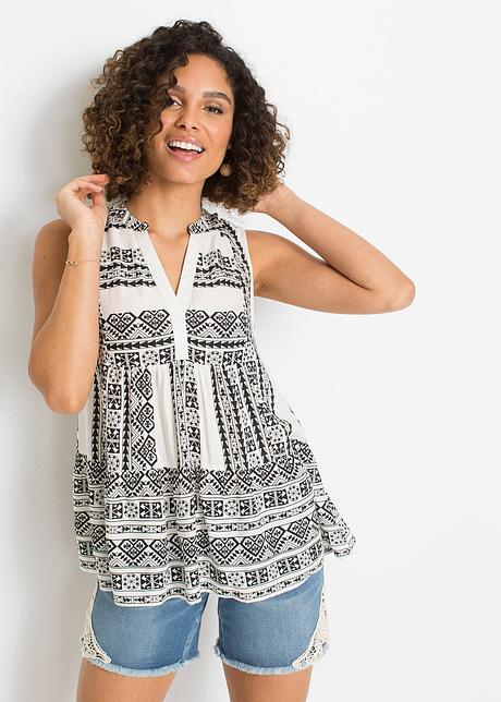 Modernes Top mit Volant am Saum - schwarz/wollweiß bedruckt