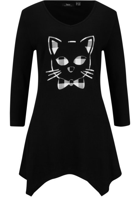Baumwoll-Zipfel-Longshirt mit Katzen-Druck, 3/4 Arm in schwarz von vorne - bpc bonprix collection