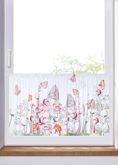 Sommerliche Küchengardine mit Digitaldruck - weiss/rosa/grün, Tunnelzug