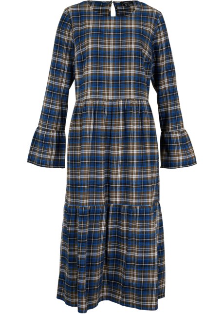 Ausgestelltes Midi-Kleid aus Flanell mit Volants in blau von vorne - bpc bonprix collection