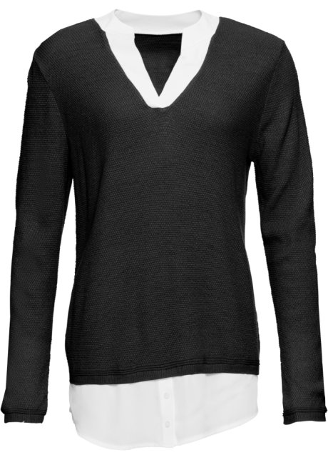 Pullover mit Bluseneinsatz in schwarz von vorne - BODYFLIRT
